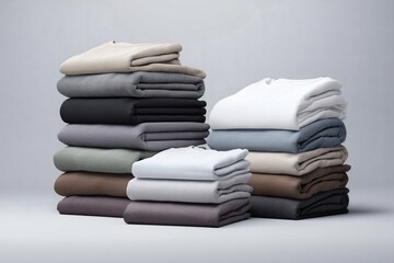 Neatly stacked, folded garments in an array of neutral tones, perfect for a minimalist aesthetic and organized storage.