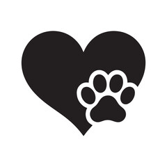 Simple and elegant black and white design of a dog paw print nestled within a heart shape.