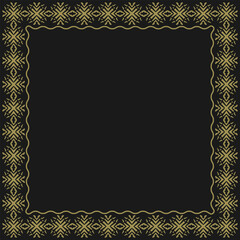 Square golden frame with ethnic vintage ornament. Black background. Vector illustration
