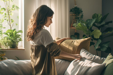Woman on couch with pillows, scrolling phone. Relaxing at home, cozy atmosphere, warm lighting.