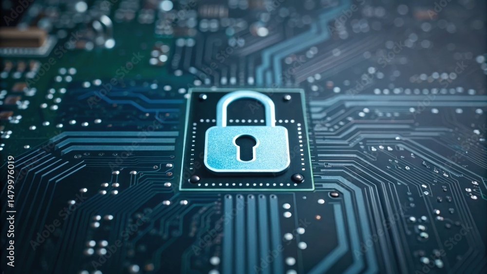 Poster secure lock symbol on a circuit board, representing digital security and technology.