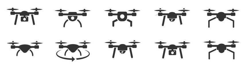 Drone icons. Quadcopters. Aerial drone. Copters collection. Vector illustration
