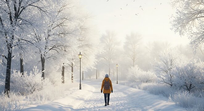 person in winter attire walking on snowy patha snowy path winds through a winter wonderland, frost covered trees under a pale sky, serene and peaceful atmosphere, subject positioned at the bottom