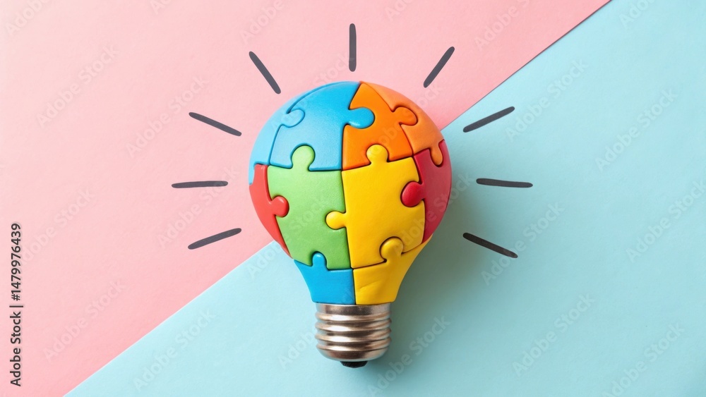 Poster colorful puzzle light bulb symbolizing creativity and problem-solving.