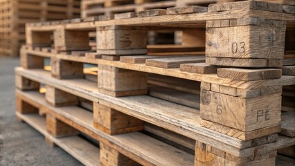 Wooden pallets stacked in a warehouse, showcasing texture and craftsmanship.