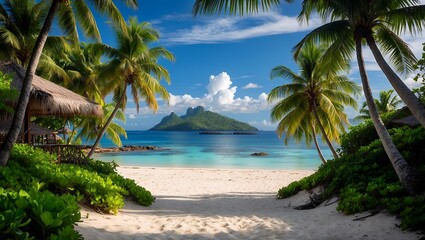 Tropical beach framed by lush palms and ocean view