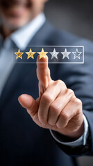 Business professional tapping three star rating on digital survey interface, evaluating service quality with contemplative gesture and technological interaction