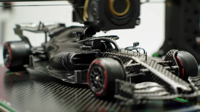 A skilled technician is 3D printing a highly detailed model of a formula racing car using advanced technology. The intricate design showcases precision engineering in a cutting-edge workshop.