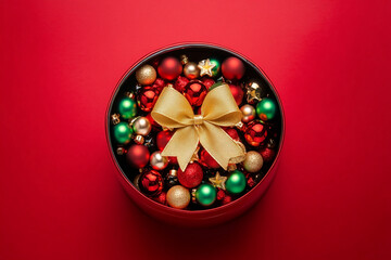 Red box filled with colorful Christmas ornaments topped with a gold bow on a red background