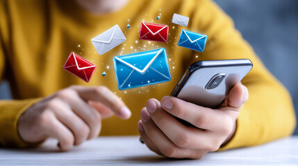 Hands gripping smartphone, vibrant email icons floating overhead, symbolizing digital communication and interconnected messaging networks