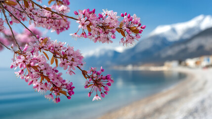 Pink cherry blossoms blooming on branch, framing tranquil lake with snow capped mountain range, embodying peaceful springtime landscape