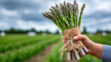 Hand gripping fresh asparagus bundle, wrapped in kraft paper, secured with twine, blurred asparagus field and cloudy horizon creating rustic farm to table narrative