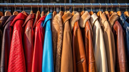 Colorful jackets hanging on a rack in a stylish display.