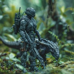A futuristic commando, clad in advanced armor, stands poised for action alongside a trained alien hunting beast in the heart of a dense jungle.