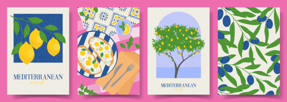 Set of trendy summer cards. Vector illustration with bright posters with olive branches, lemons, Mediterranean breakfast. Concept flyers for party, holiday, event, card, invitation, banner.