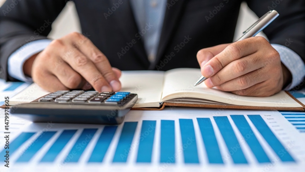 Poster professional calculating finances with a calculator and notebook on a blue graph background.