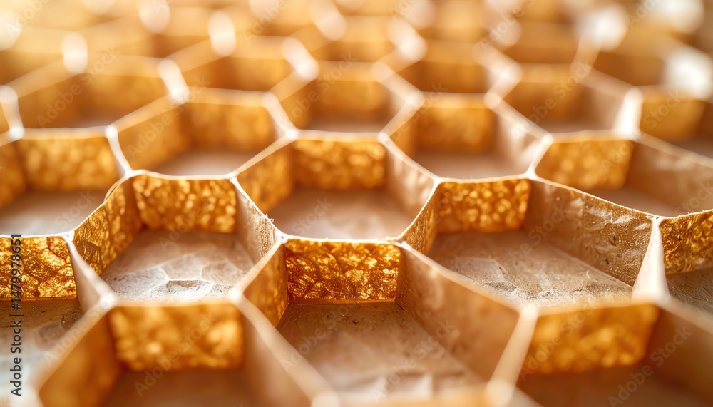 Poster close-up view of a honeycomb structure, showcasing intricate hexagonal patterns illuminated in warm 