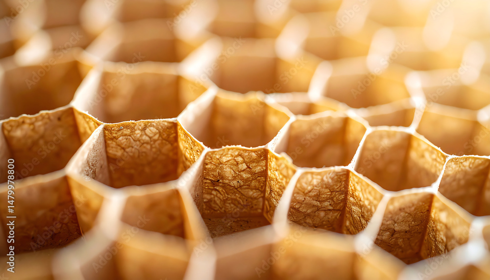 Poster close-up of a honeycomb structure, showcasing its intricate hexagonal patterns and warm, golden hues