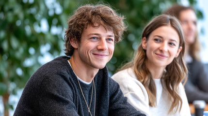 Obraz premium Two young professionals are smiling and listening attentively during a business meeting, showcasing teamwork and collaboration in a modern office environment with natural light