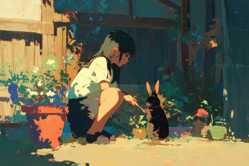 Woman kneeling in front of a house, petting a cat.
