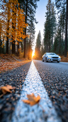 Sleek white vehicle navigating winding road, framed by vibrant fall foliage, golden sunset illuminating tranquil landscape