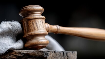 Wooden gavel resting on a rustic wooden block, near a piece of cloth