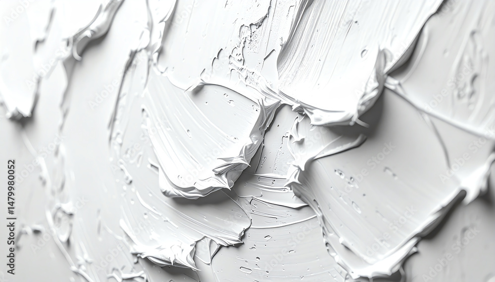 Poster textured white paint with raised, flowing patterns creates an abstract, modern art feel, emphasizing