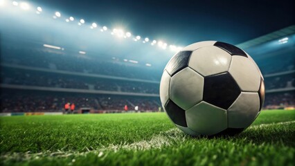 Naklejka premium Close-up of a soccer ball on the field during a night match with stadium lights illuminating the scene.