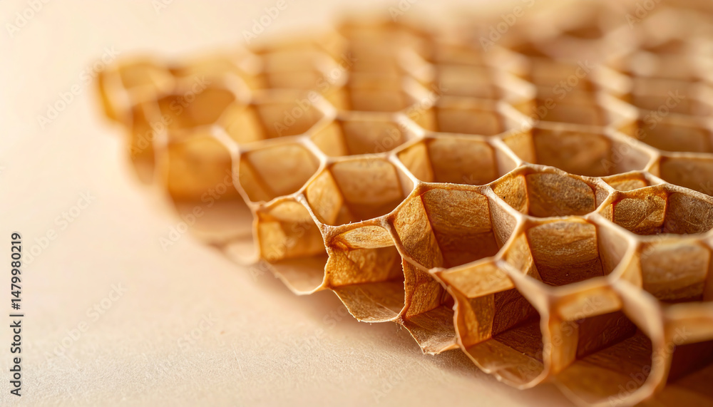 Poster detailed close-up of a honeycomb structure, showcasing its intricate hexagonal patterns and natural 