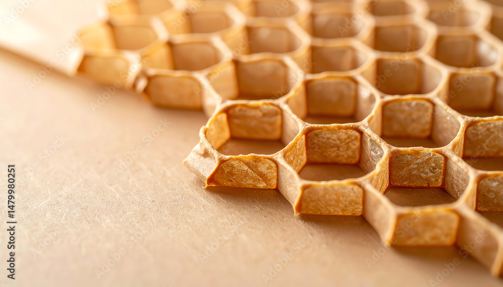 Poster close-up of a honeycomb structure showcasing its intricate hexagonal patterns and natural textures, 