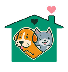Cartoon logo blue cat and an orange dog inside a dog house shape, simple, friendly expressions, both sticking out their tongues, vector logo