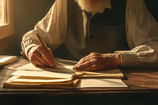 Old man writing attentively at a cluttered desk in dimly lit room. Pages, books, and quill scattered around him. Gentle sunlight filters through a small window, casting warm glow on his face.