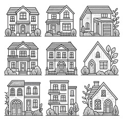 Hand-Drawn House Icons – 9 Vintage-Sketch Homes & Apartments Set