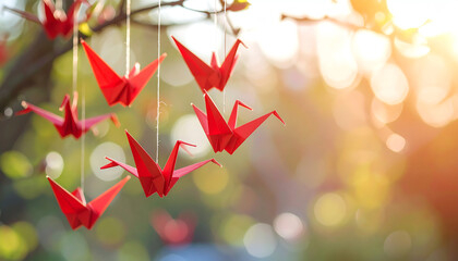 Hanging red origami cranes softly sway in the sunlight, creating a serene and whimsical atmosphere amidst a blurred, colorful background