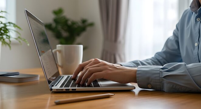 Manos de un joven gerente de oficina contempor&aacute;neo sobre el teclado de una computadora port&aacute;til durante el trabajo