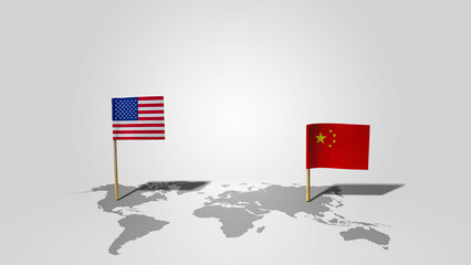 USA flag and China flag on the world map background. Concept of the United States of America versus...