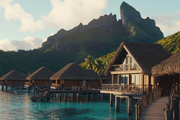 Tranquil overwater bungalows nestled amidst tropical mountains
