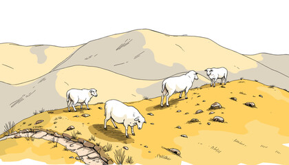 Sheep grazing on a hillside in a serene landscape illustration, representing pastoral life and nature