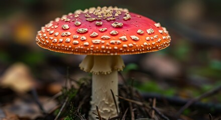 Fototapeta premium Two bright red and white spotted mushrooms sit in foliage 