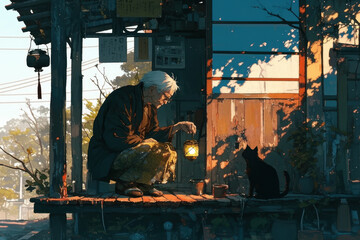 Man sitting on bench with cat beside him, both looking content and relaxed in a serene park setting.