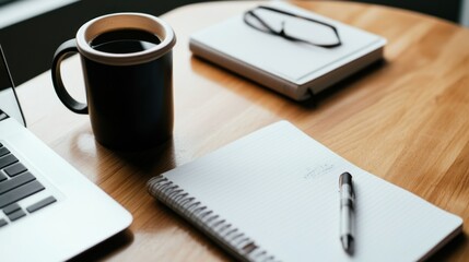 A workspace scene laptop, coffee, notebook, pen, and glasses on a wooden desk