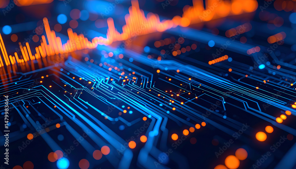 Poster abstract digital circuitry with vibrant blue and orange hues, showcasing data flow and technology in
