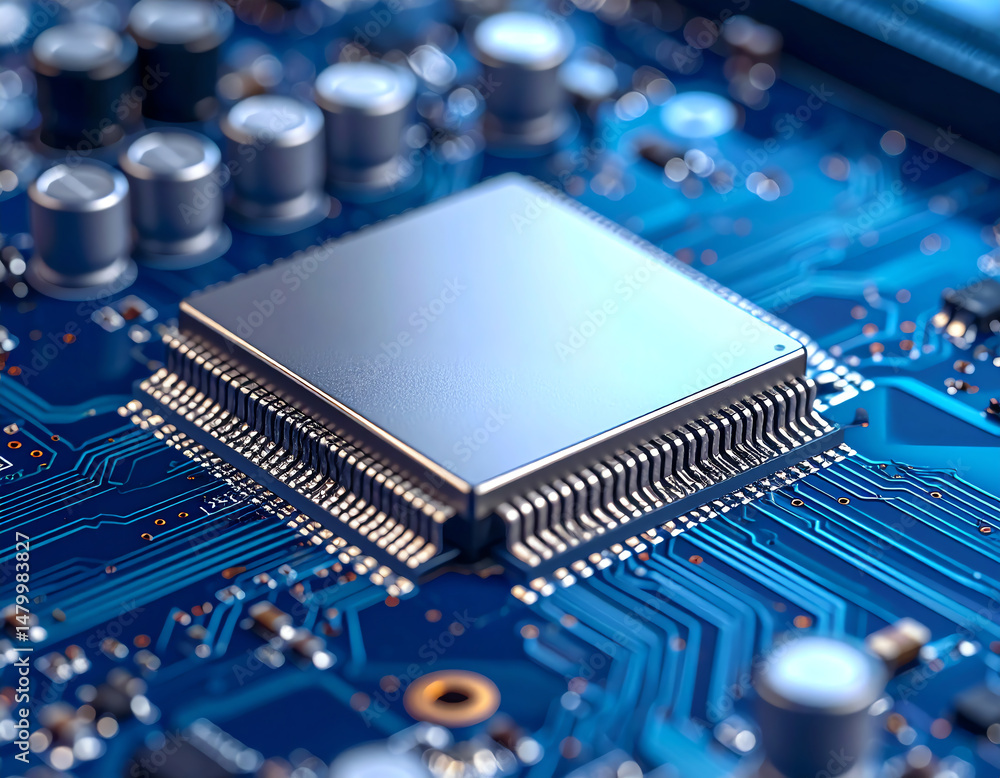 Poster a close-up view of a microchip on a blue circuit board, showcasing intricate details and electronic 