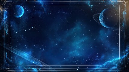 Cosmic frame for presentations with planets, stars, and nebula on space blue backdrop
