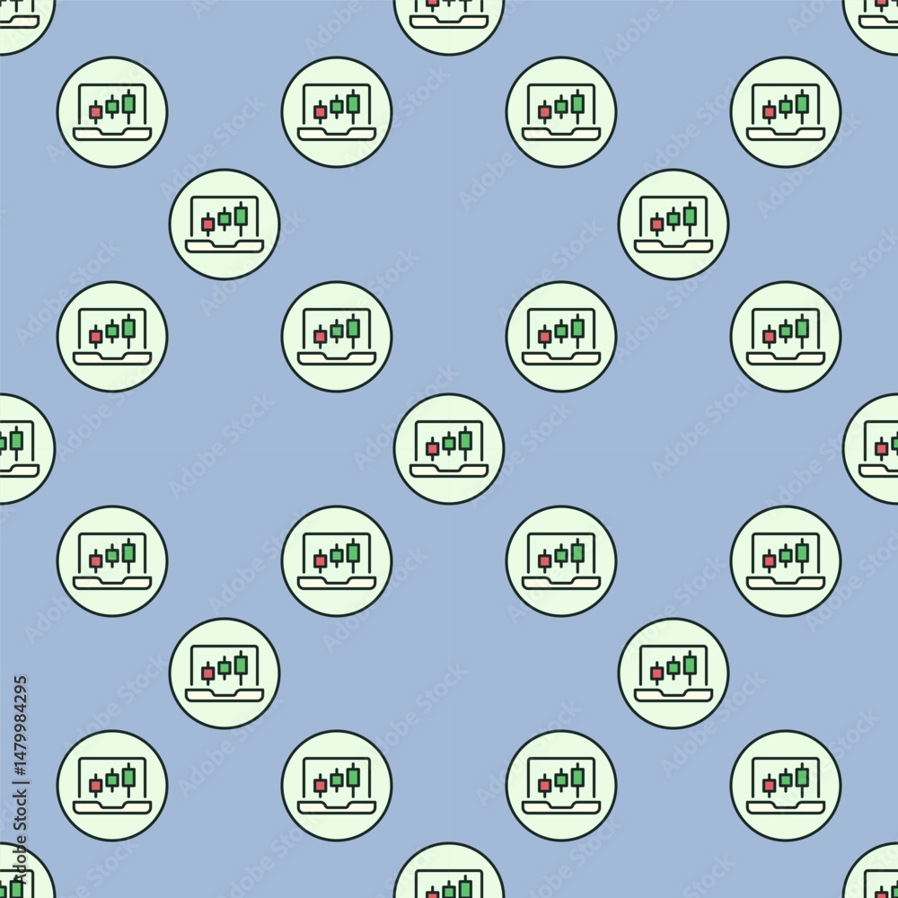 Poster candlestick chart on laptop screen vector trading circle shaped colored seamless pattern