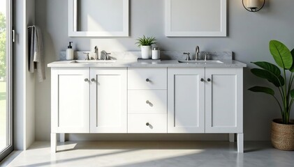Modern double bathroom vanity with sleek white cabinets and gray marble countertop, ample storage , vanity unit, bathroom sink