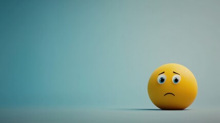 Fototapeta premium A lonely, sad, yellow emoticon sits alone against a pale blue background