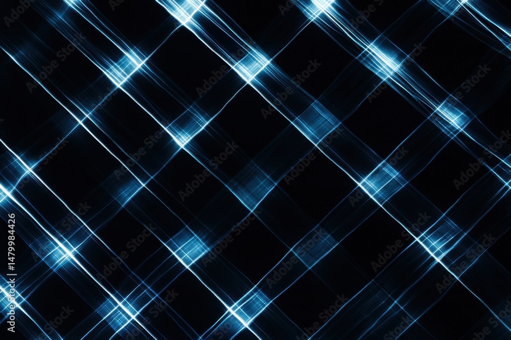 Poster Abstract blue light streaks create a dynamic plaid pattern on a dark background modern art style geometric