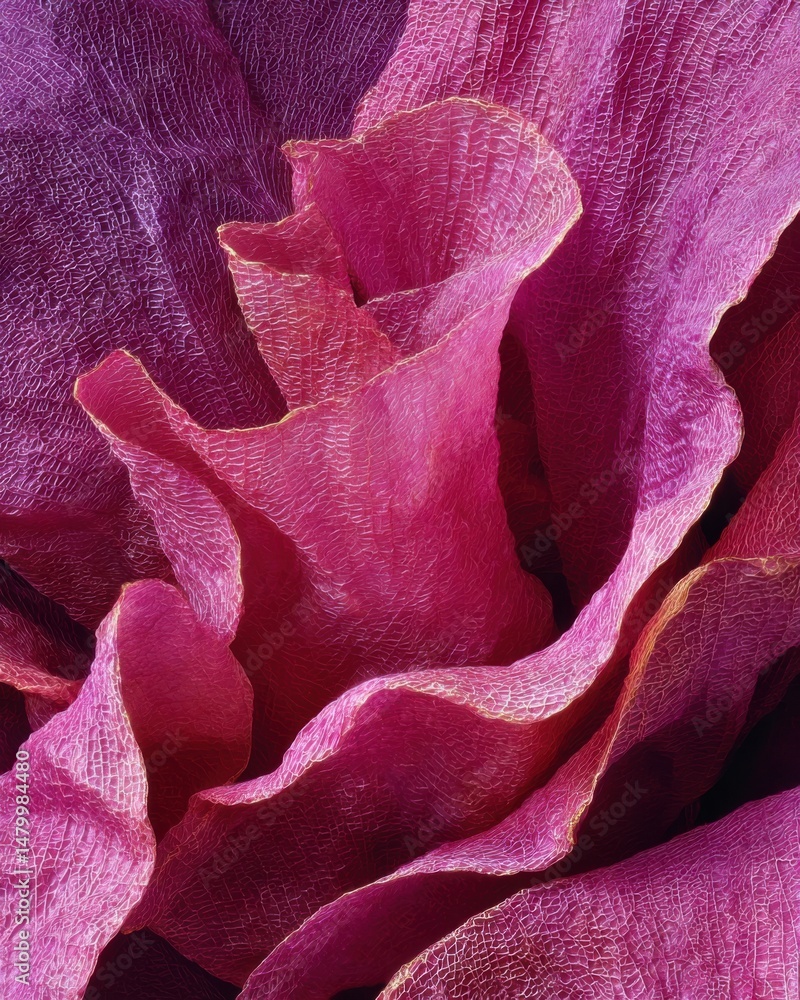 Poster Abstract Close-Up of Flowing Pink and Purple Fabric Texture with Delicate Gold Trim Detail in Studio Shot