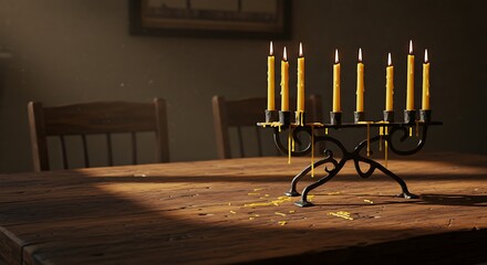 Dripping wax and warm light from a menorah create a rustic, atmospheric scene of holiday tradition on a textured wooden table.